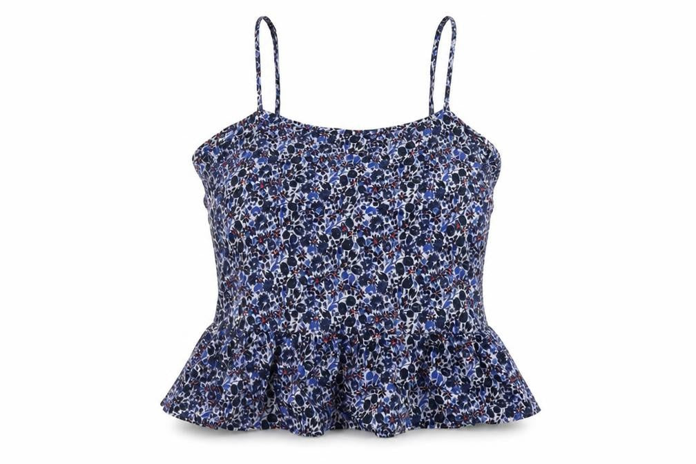 Front view of Jack Wills women’s blue floral cotton basic tank, size UK 10, round neck