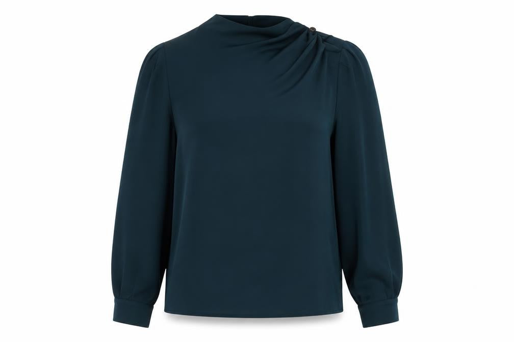Front view of Lin La women’s green polyester basic blouse, size L, mock neck