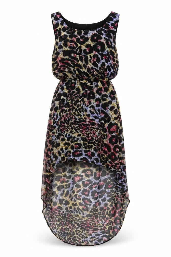 Front view of RRibbron women’s multicoloured animal print polyester a-line, size UK 8, round neck pullover