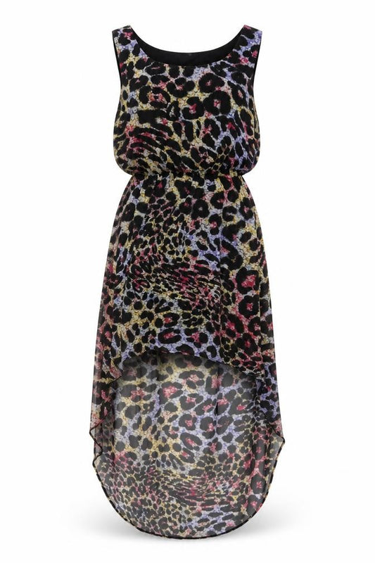 Front view of RRibbron women’s multicoloured animal print polyester a-line, size UK 8, round neck pullover