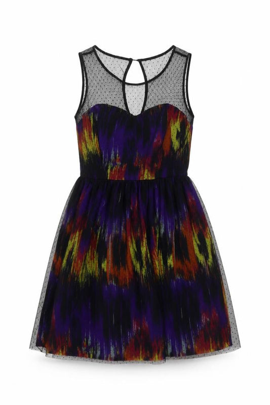 Front view of Be Beau women’s multicoloured geometric polyester a-line, size UK 12, round neck zip