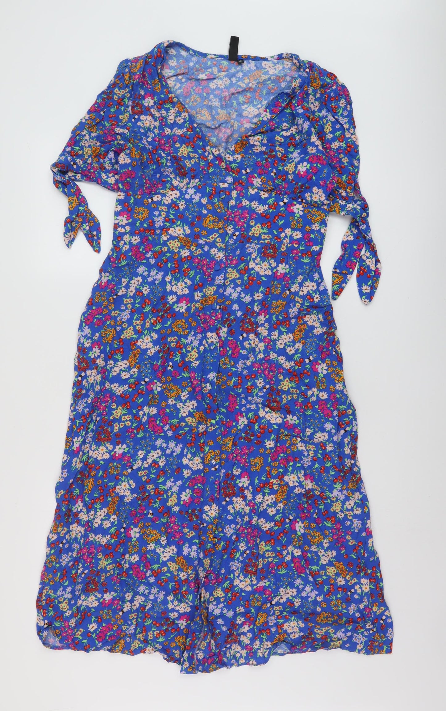 Nobody's Child Womens Blue Floral Viscose A-Line Size 10 V-Neck Button