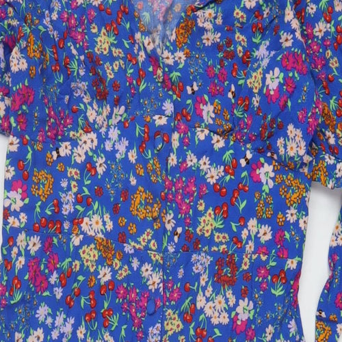 Nobody's Child Womens Blue Floral Viscose A-Line Size 10 V-Neck Button
