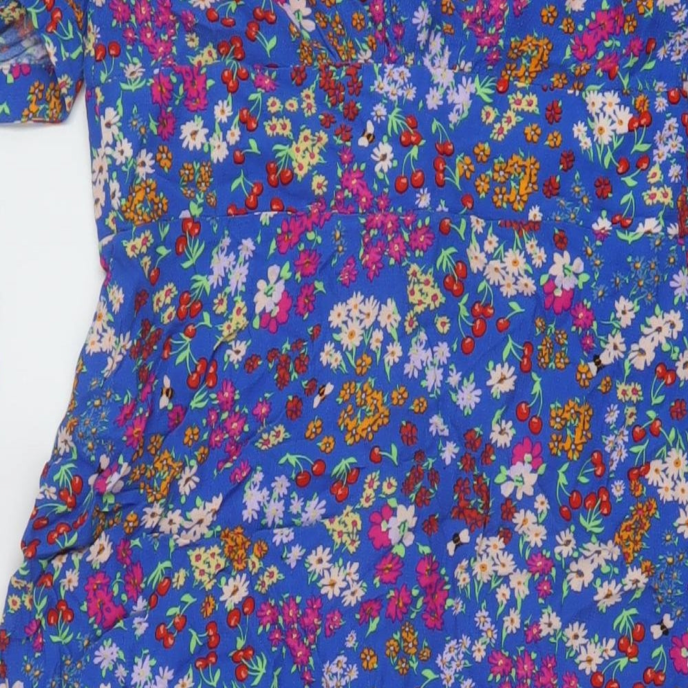 Nobody's Child Womens Blue Floral Viscose A-Line Size 10 V-Neck Button