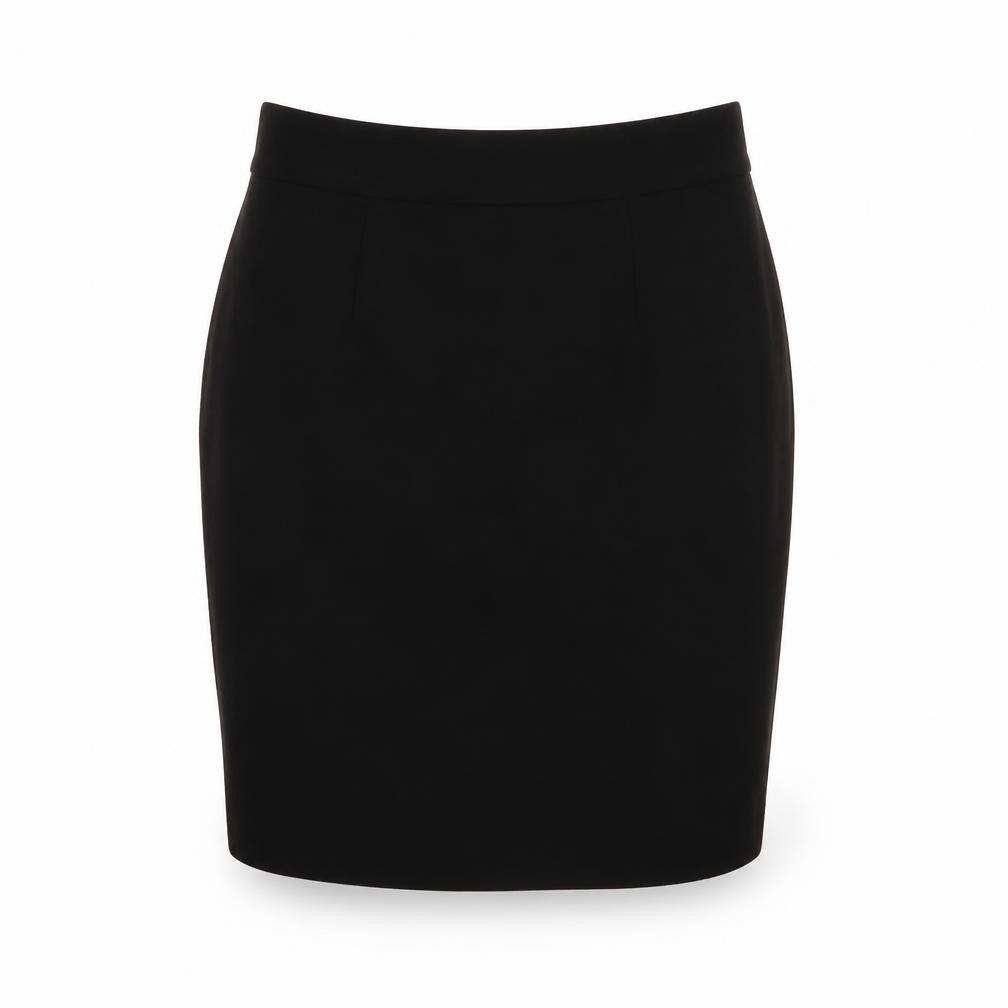 Front view of Therapy women’s black polyester a-line skirt, size UK 10, zip