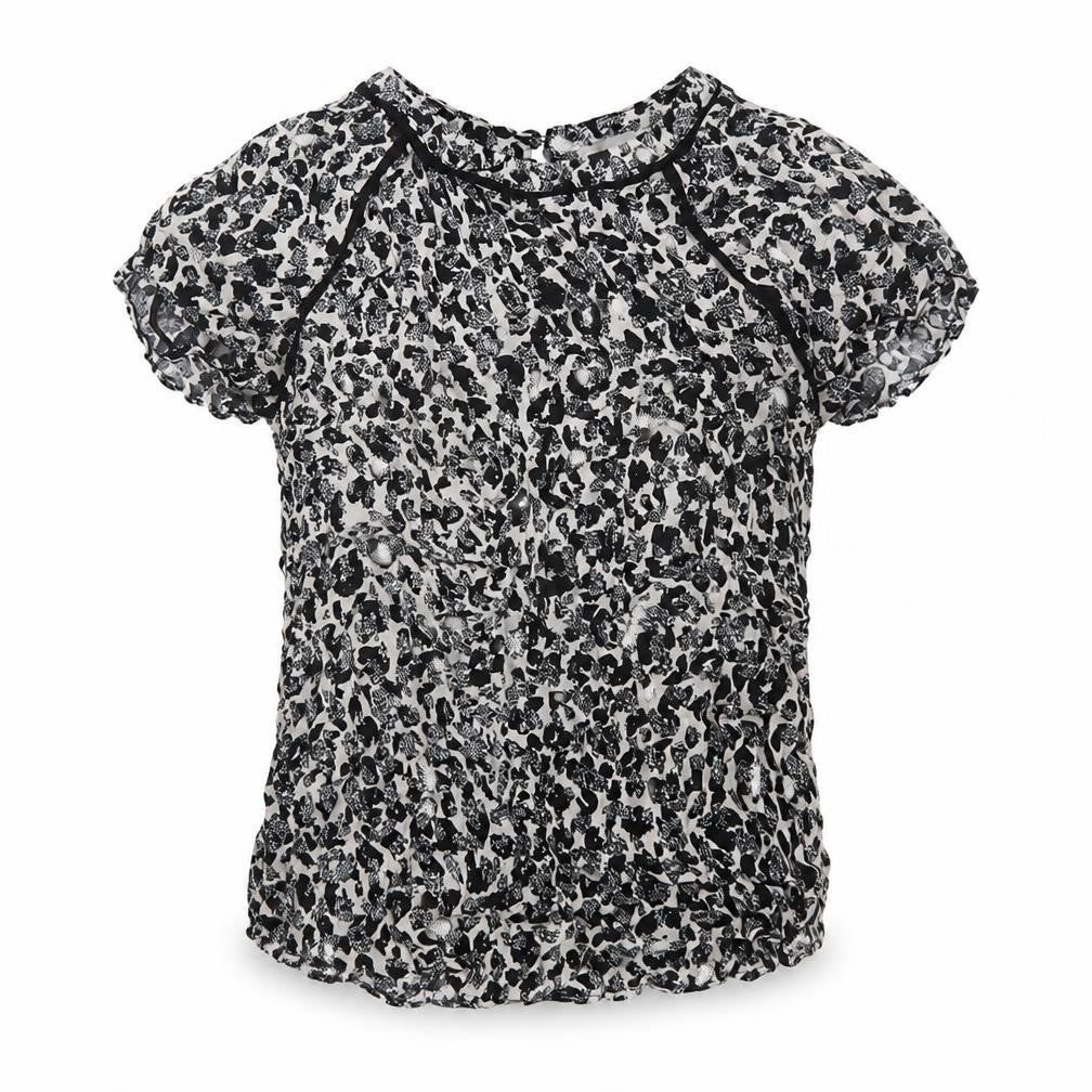 Front view of Louche women’s black geometric viscose basic t-shirt, size UK 8, round neck