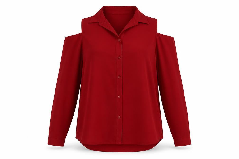 Front view of New Look women’s red polyester basic blouse, size UK 10, collared