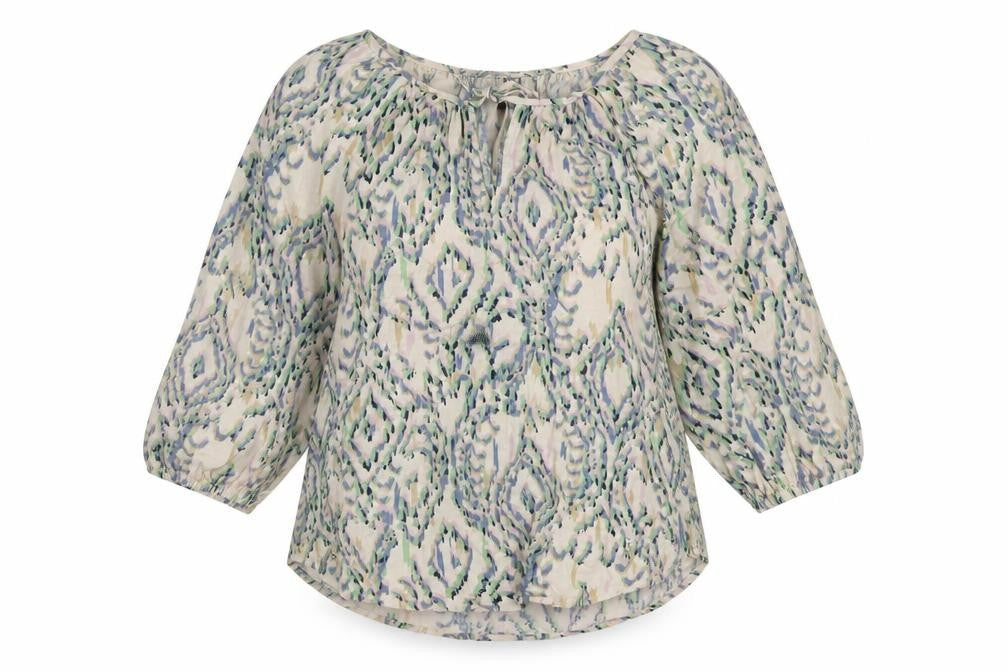 Front view of Marks & Spencer women’s pink geometric linen basic blouse, size UK 10, round neck