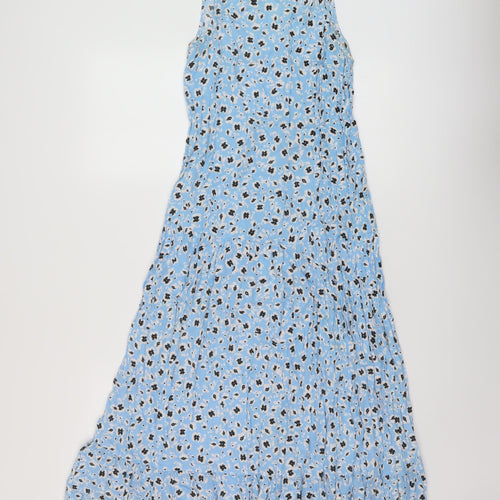 Topshop Womens Blue Floral Viscose A-Line Size 8 Mock Neck Button