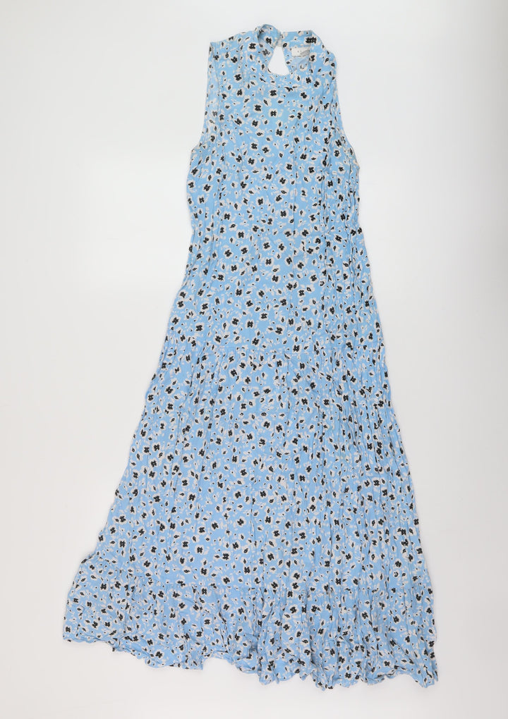 Topshop Womens Blue Floral Viscose A-Line Size 8 Mock Neck Button