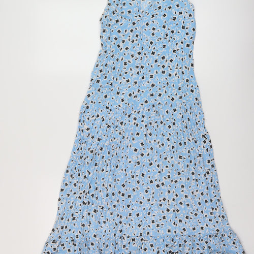 Topshop Womens Blue Floral Viscose A-Line Size 8 Mock Neck Button