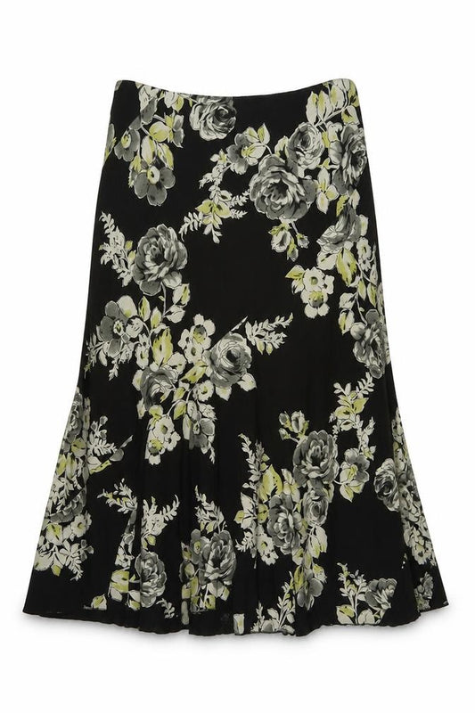 Front view of Marks & Spencer women’s beige floral viscose a-line skirt, size UK 12