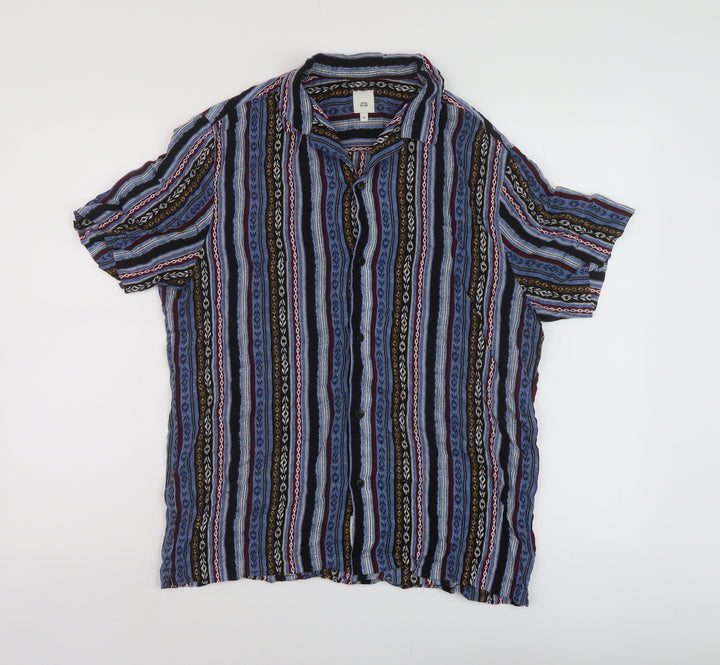 River Island Mens Multicoloured Striped Viscose Button-Up Size M Collared Button