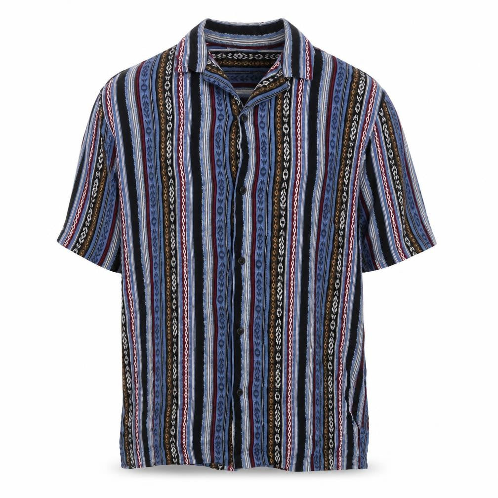 Front view of River Island men’s multicoloured striped viscose button-up, size M, collared button