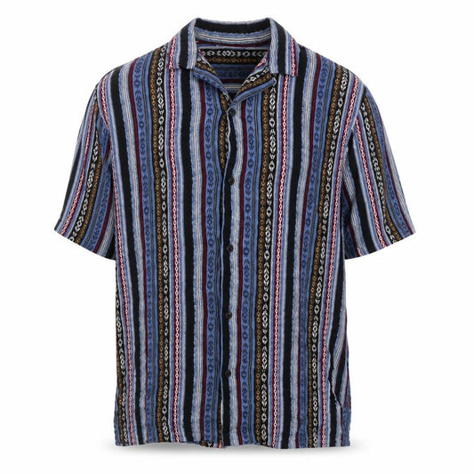 Front view of River Island men’s multicoloured striped viscose button-up, size M, collared button