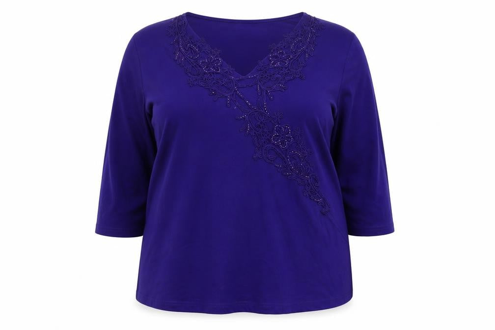 Front view of Heather Valley women’s blue viscose basic blouse, size UK 20, v-neck