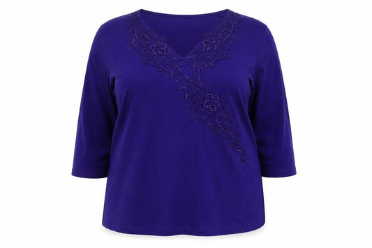 Front view of Heather Valley women’s blue viscose basic blouse, size UK 20, v-neck