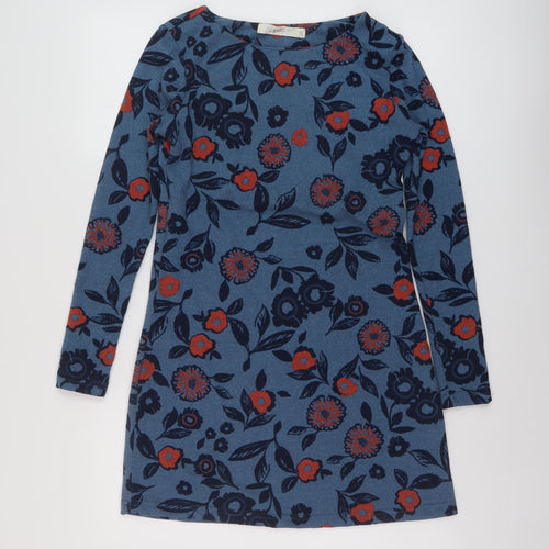Lily & Me Womens Blue Floral Polyester A-Line Size 8 Round Neck Pullover