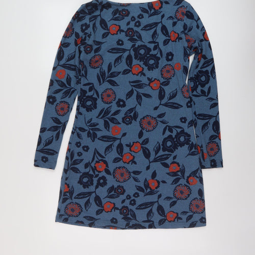 Lily & Me Womens Blue Floral Polyester A-Line Size 8 Round Neck Pullover