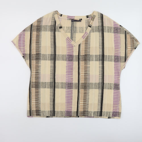 Marks and Spencer Womens Beige Plaid Polyester Basic T-Shirt Size 12 V-Neck