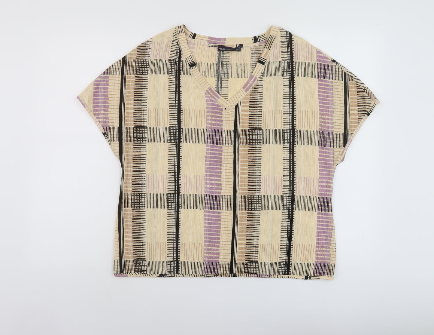 Marks and Spencer Womens Beige Plaid Polyester Basic T-Shirt Size 12 V-Neck