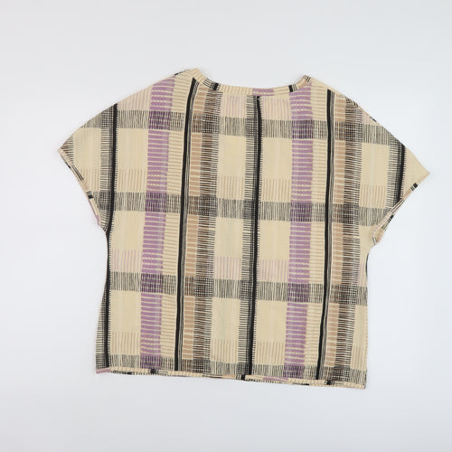 Marks and Spencer Womens Beige Plaid Polyester Basic T-Shirt Size 12 V-Neck