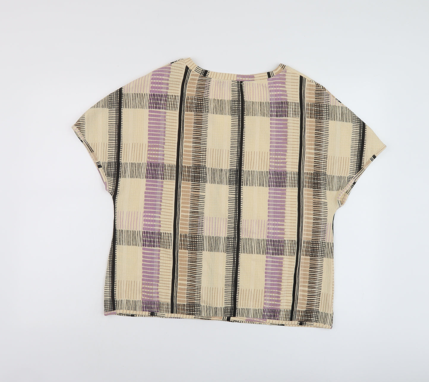 Marks and Spencer Womens Beige Plaid Polyester Basic T-Shirt Size 12 V-Neck