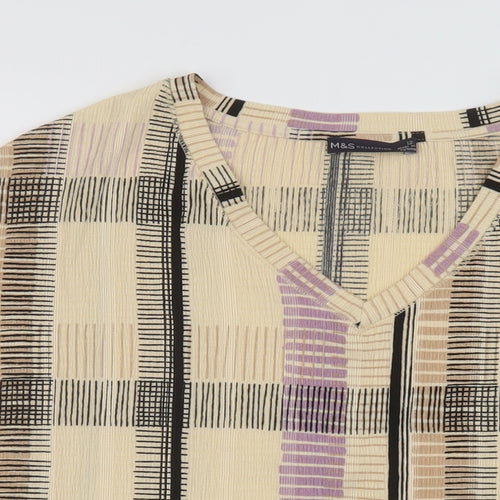 Marks and Spencer Womens Beige Plaid Polyester Basic T-Shirt Size 12 V-Neck