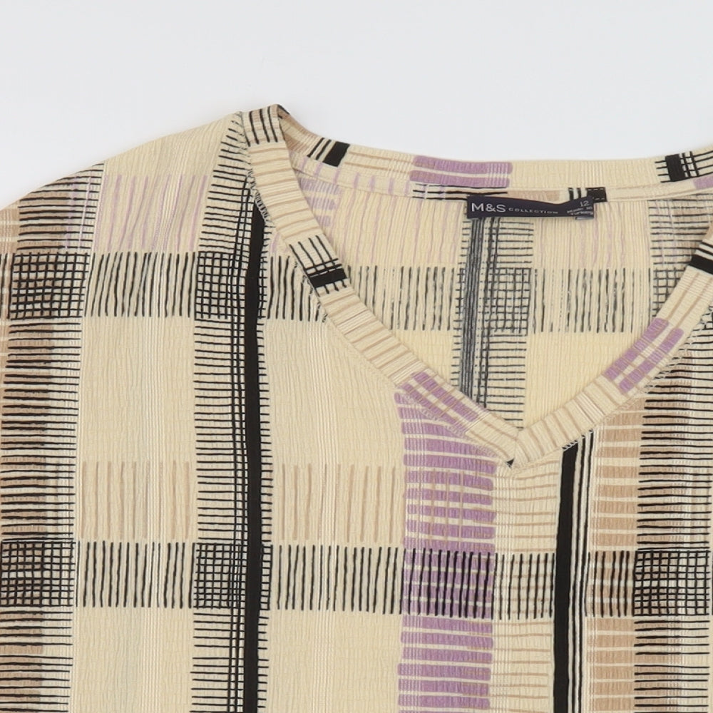 Marks and Spencer Womens Beige Plaid Polyester Basic T-Shirt Size 12 V-Neck