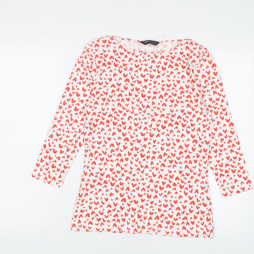 Marks and Spencer Womens Red Geometric Cotton Basic T-Shirt Size 10 Boat Neck - Hearts