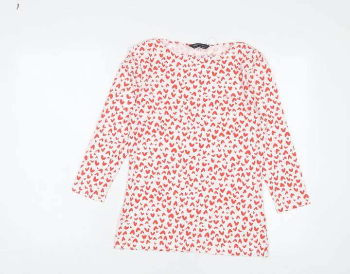 Marks and Spencer Womens Red Geometric Cotton Basic T-Shirt Size 10 Boat Neck - Hearts