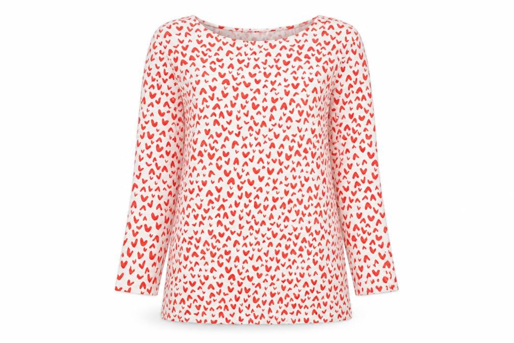 Marks and Spencer Womens Red Geometric Cotton Basic T-Shirt Size 10 Boat Neck - Hearts