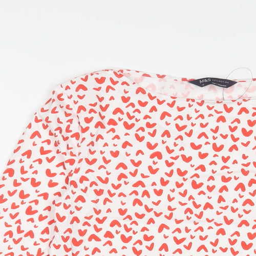 Marks and Spencer Womens Red Geometric Cotton Basic T-Shirt Size 10 Boat Neck - Hearts