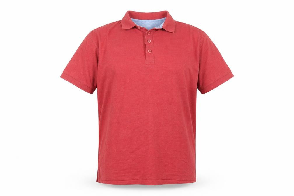 Front view of Hutson Harbour men’s red cotton polo, size L, collared button