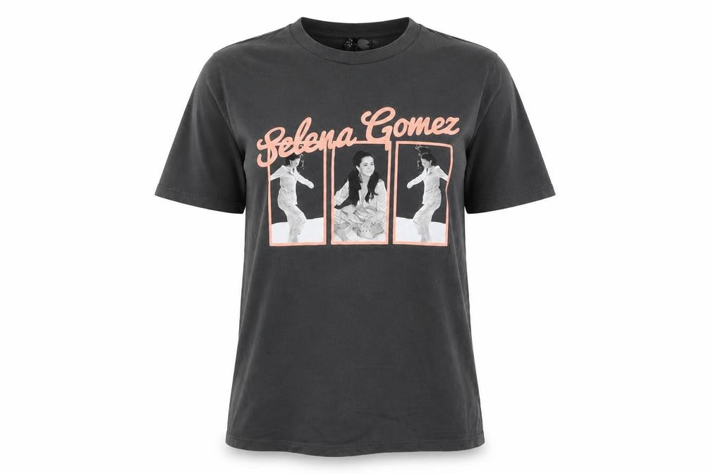 Front view of H&M women’s grey cotton basic t-shirt, size S, crew neck - selena gomez