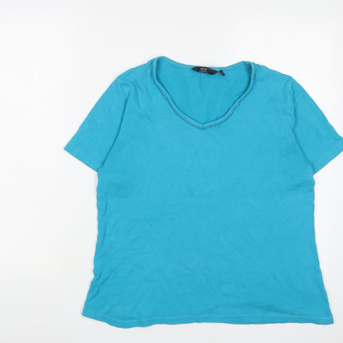 EWM Womens Blue Cotton Basic T-Shirt Size 14 V-Neck - Embroidered