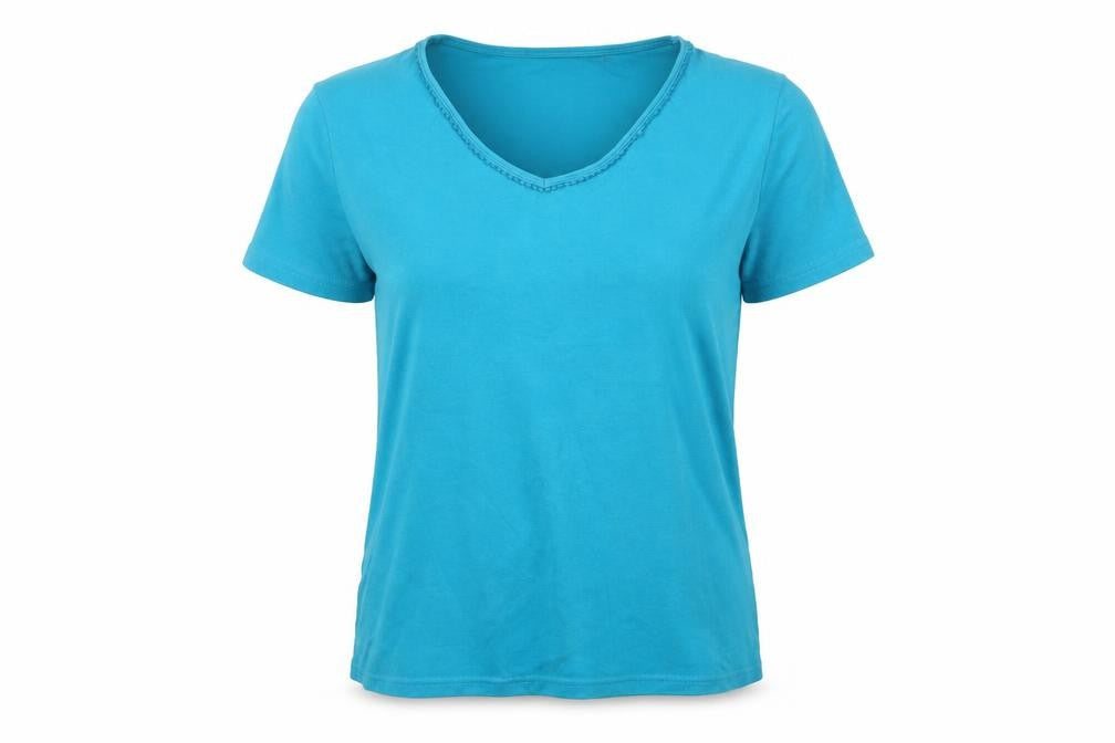 Front view of EWM women’s blue cotton basic t-shirt, size UK 14, v-neck - embroidered