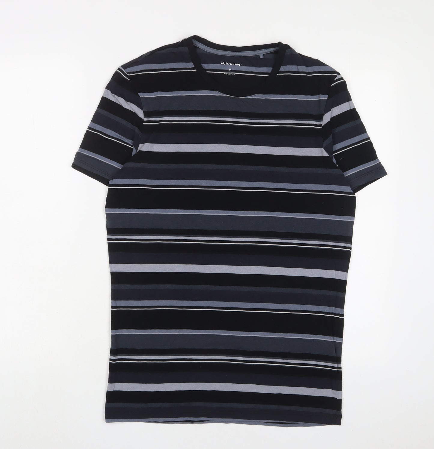 Autograph Mens Black Striped Cotton T-Shirt Size M Crew Neck
