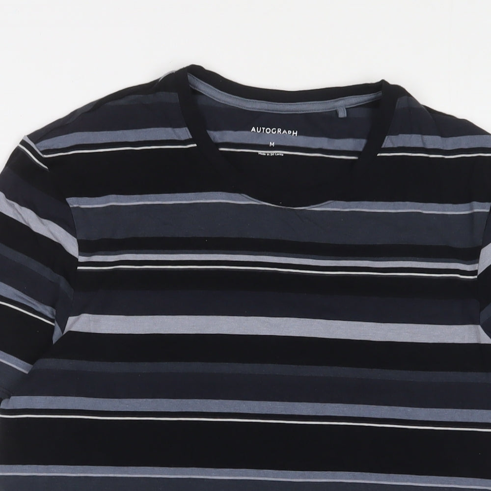 Autograph Mens Black Striped Cotton T-Shirt Size M Crew Neck