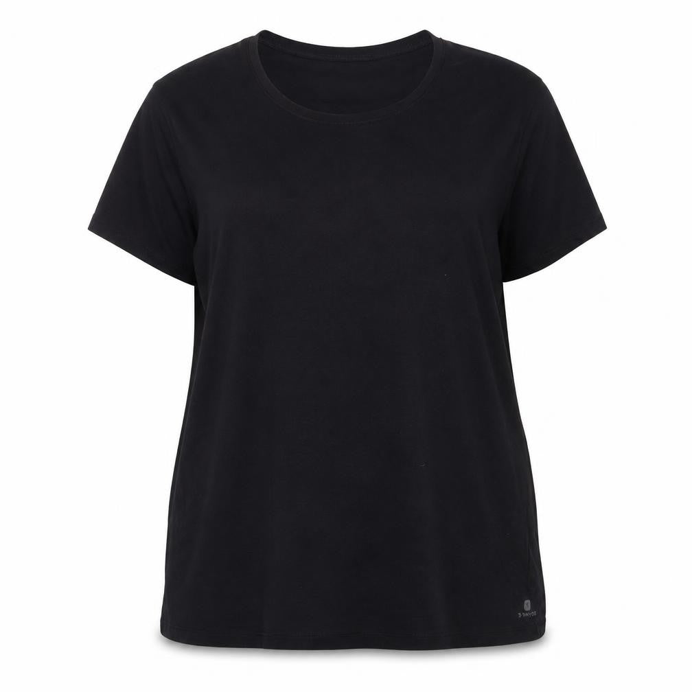 Front view of Decathlon women’s black polyester basic t-shirt, size 2XL, v-neck