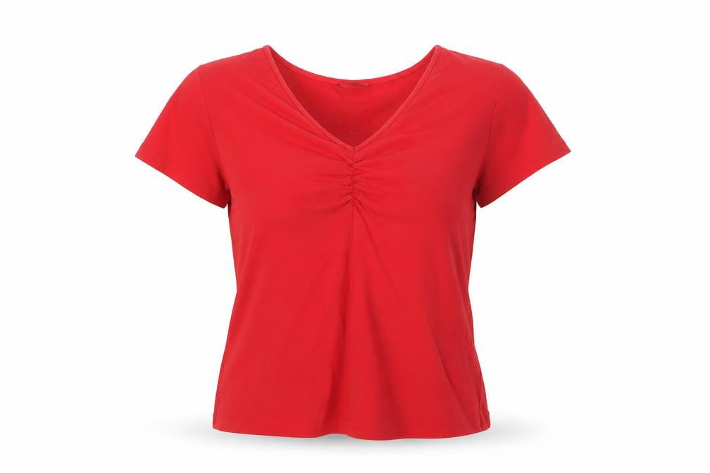 Front view of Giani Bernini women’s red herringbone cotton basic t-shirt, size M, v-neck