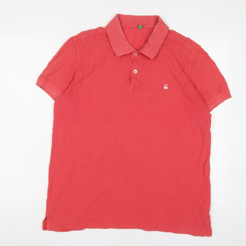 United Colors of Benetton Mens Red Cotton Polo Size XL Collared Button - Embroidered