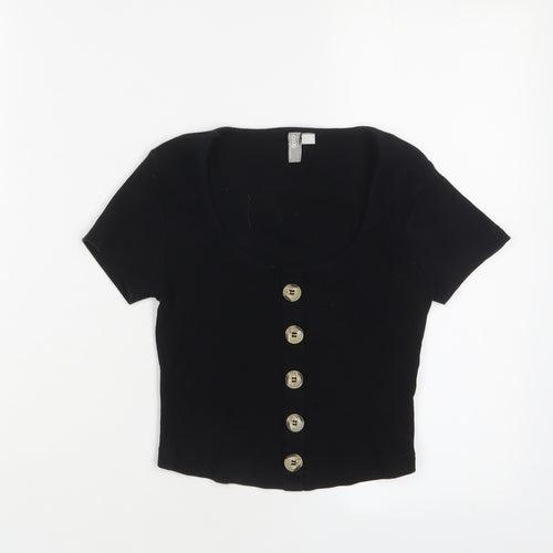 ASOS Womens Black Cotton Basic T-Shirt Size 8 Scoop Neck - Buttons