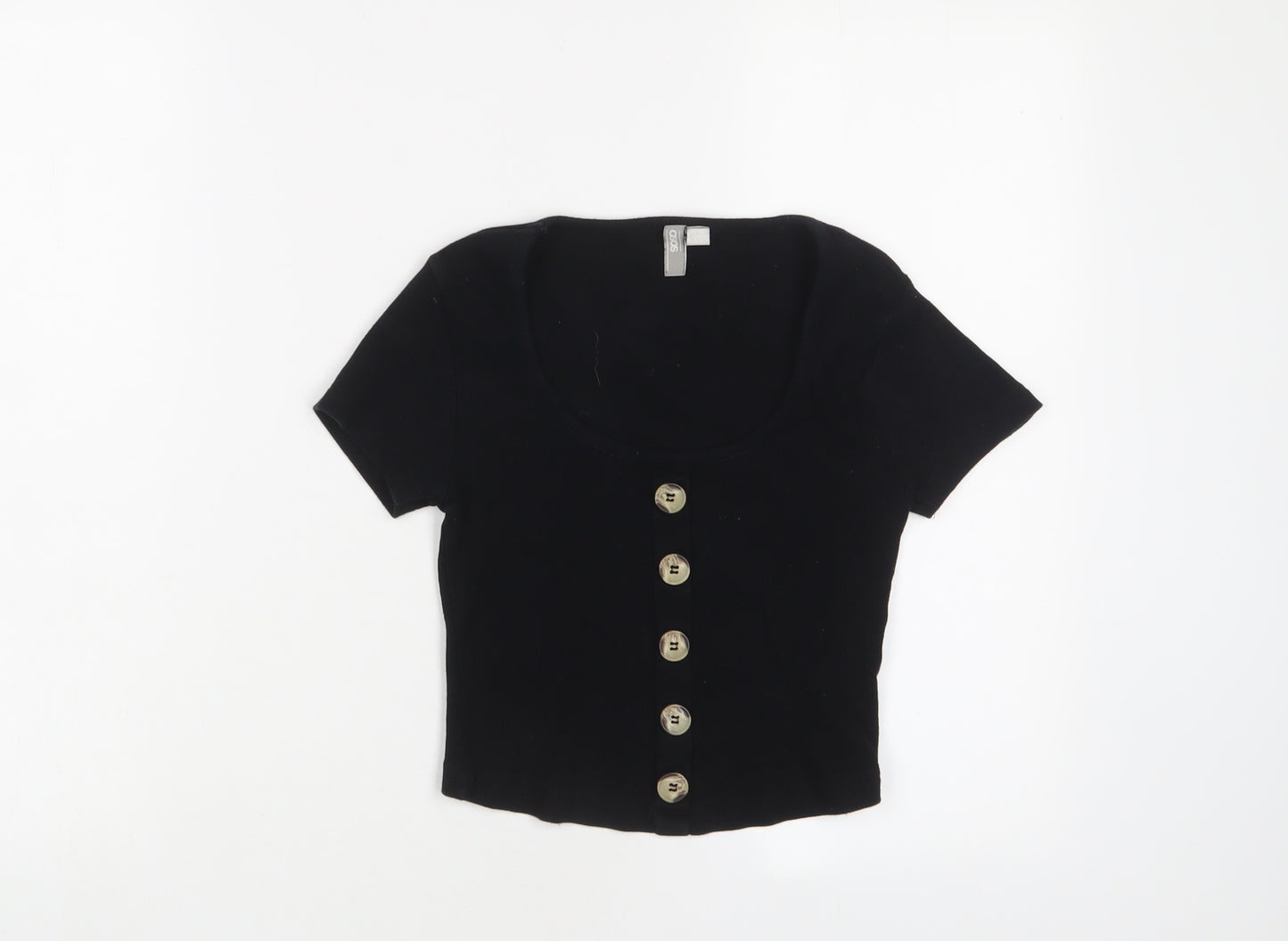 ASOS Womens Black Cotton Basic T-Shirt Size 8 Scoop Neck - Buttons