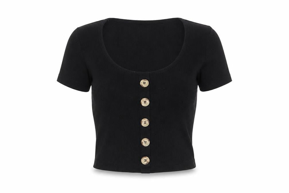 Front view of ASOS women’s black cotton basic t-shirt, size UK 8, scoop neck - buttons