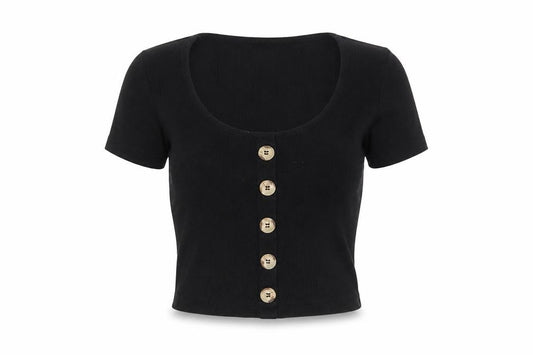 Front view of ASOS women’s black cotton basic t-shirt, size UK 8, scoop neck - buttons