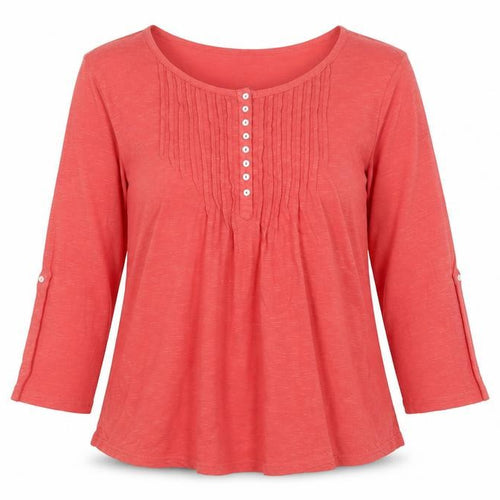 Pomodoro Womens Pink Cotton Basic T-Shirt Size 10 Scoop Neck - Pleated, Buttons