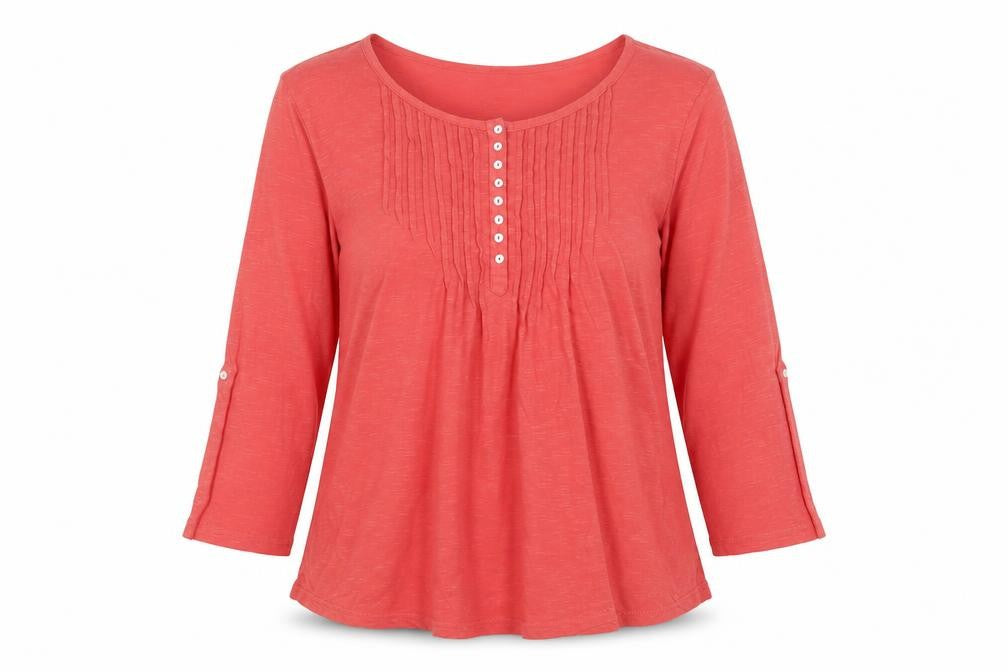 Pomodoro Womens Pink Cotton Basic T-Shirt Size 10 Scoop Neck - Pleated, Buttons