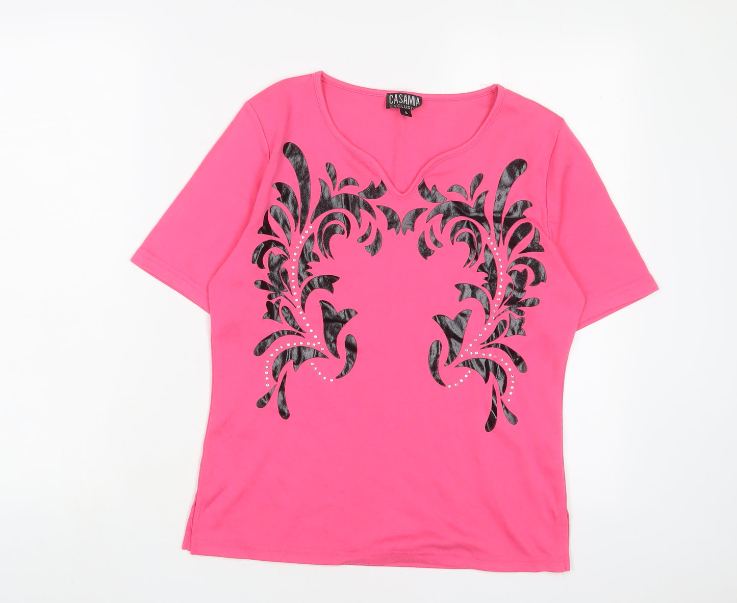 Casamia Womens Pink Polyester Basic T-Shirt Size S V-Neck