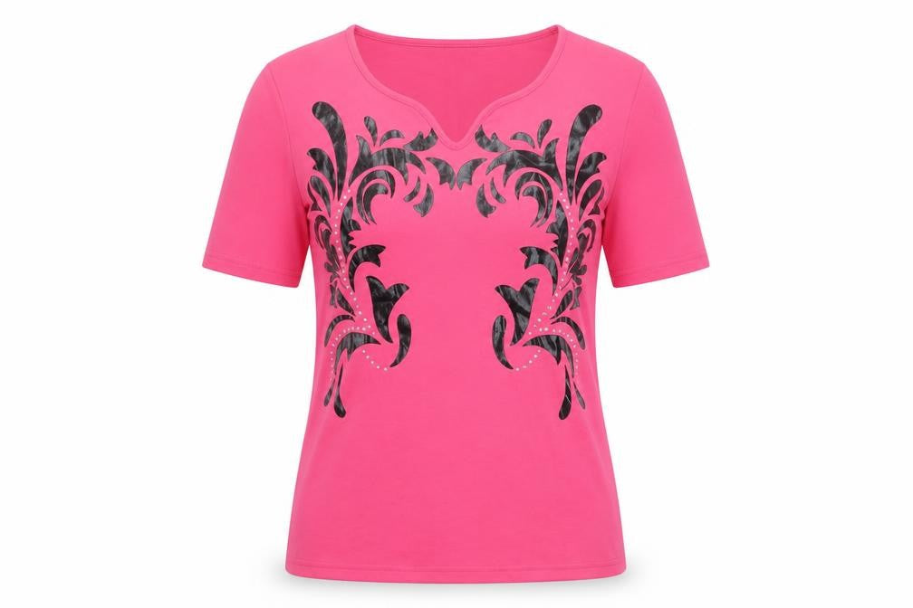 Front view of Casamia women’s pink polyester basic t-shirt, size S, v-neck